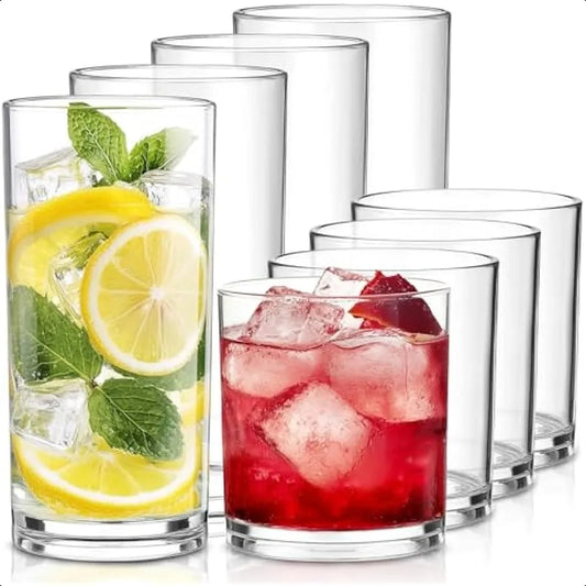 Unbreakable Plastic Drinking Glasses, Set of 8 - 14 oz Rocks and 20 oz Water Cups