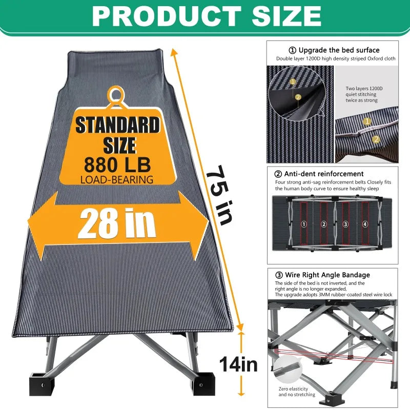 XL 75" * 28" Folding Bed Cot with 3.3 inch 2 Sided Mattress