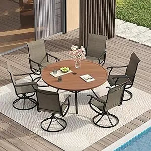 Patio Dining Set for 6, 7 Pieces Includes 53" Round Patio Table with Umbrella Hole and 6 Outdoor Swivel Chairs