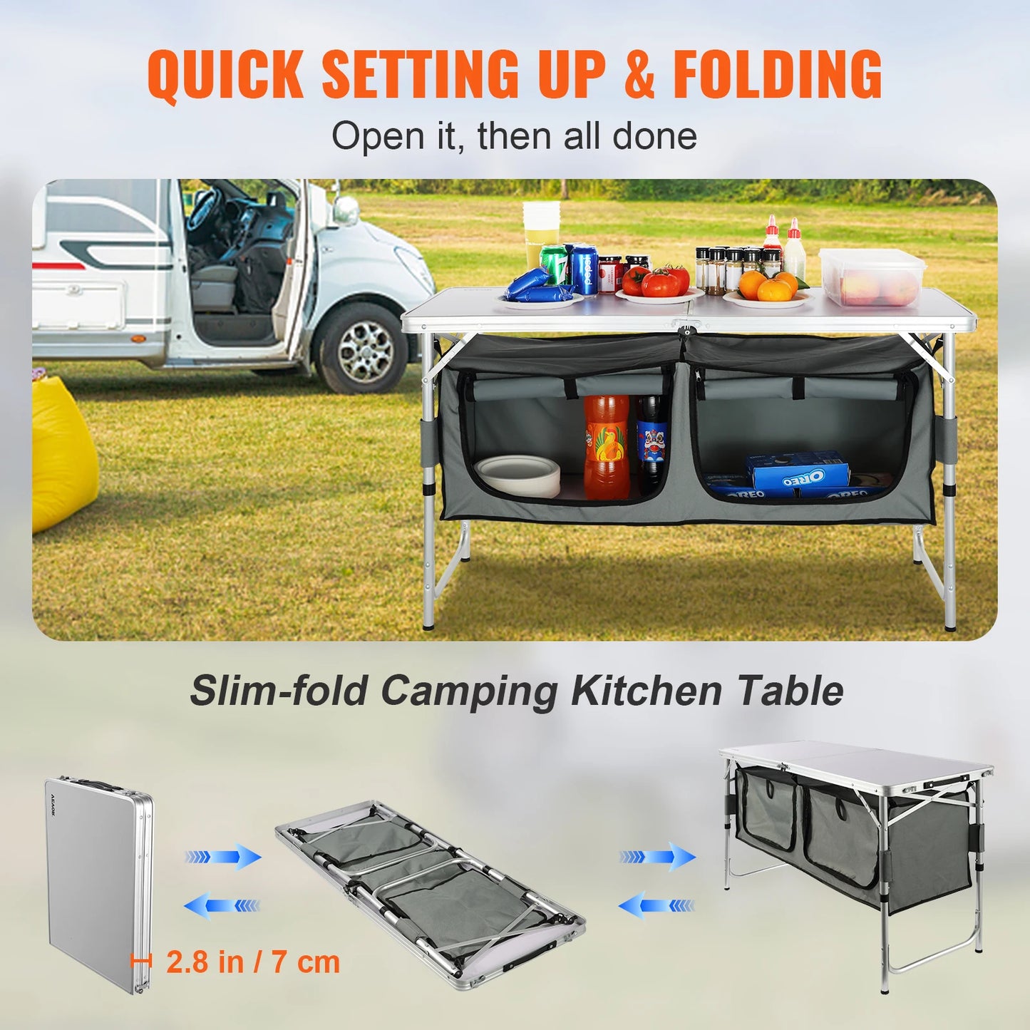 Folding Camping Kitchen Table, Quick set-up, Camping, Outdoor Picnics, BBQ, RV Traveling, Beach