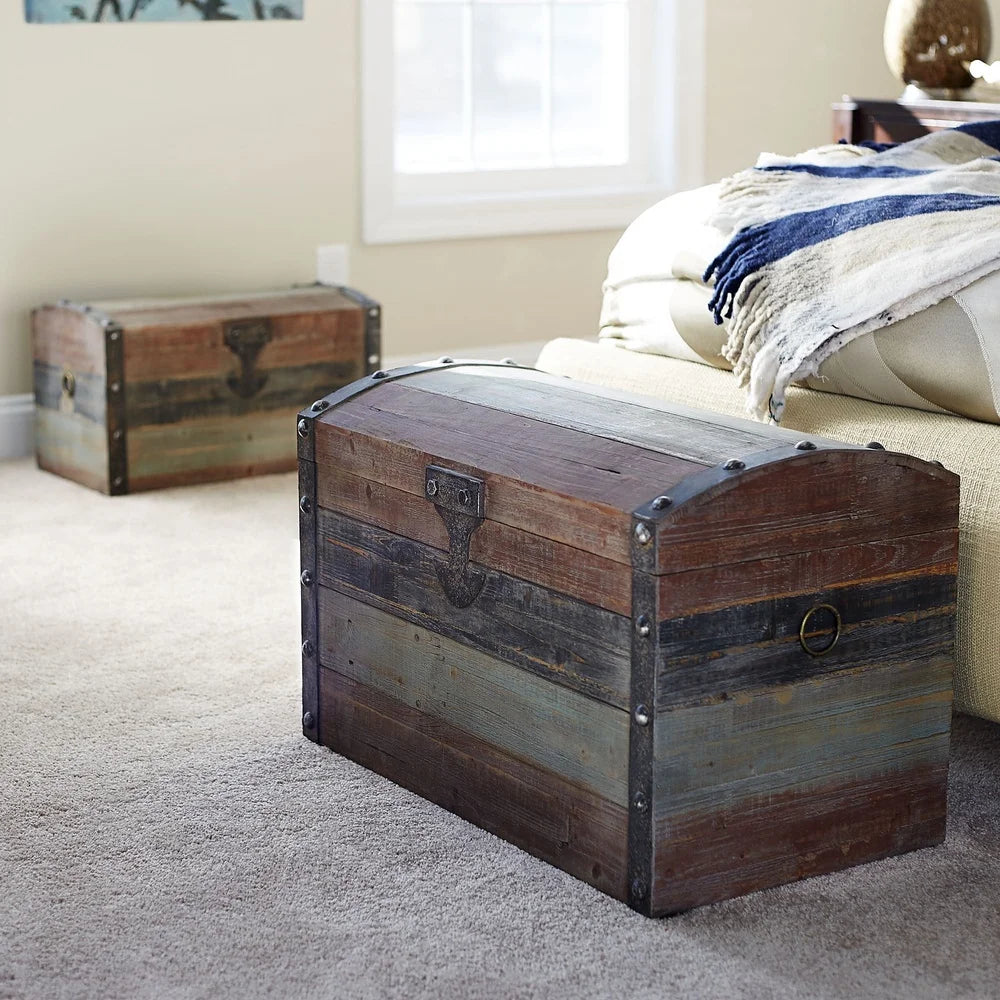 Large Weathered Wooden Storage Trunk, Nautical Style, Vintage Trunk with Hinged Lid