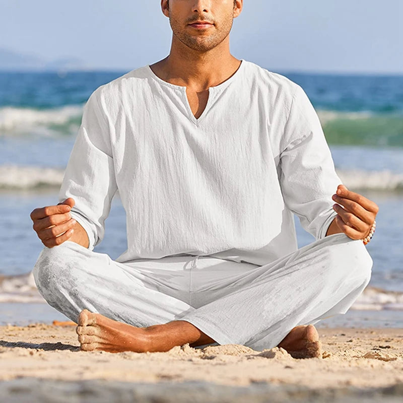 Men s Summer Cotton Linen Henley Shirt, Solid Color, Long Sleeve, Elastic Waist Drawstring Pants 2 Pieces Loungewear Set