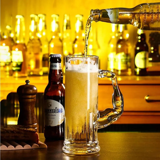 1 Heavy 20oz Glass Beer Mugs with Unique Funny Shaped Handle, Safe for Freezer
