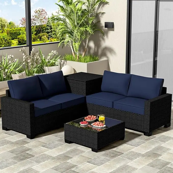 4 Piece Patio Furniture Set with Storage Box, PE Rattan, Tempered Glass