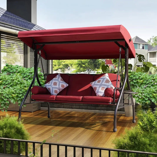 3-Seat Outdoor Patio Porch Swing with Adjustable and Removable Canopy, Waterproof Fabric, Cushion Pillow And Foldable Side Tray