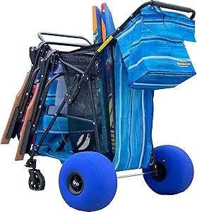 Deluxe Heavy Duty Folding Beach/Utility Cart, Large Sand Wheels Holds 4 Folding Chairs, Umbrella Holder and Removable Storage Bag