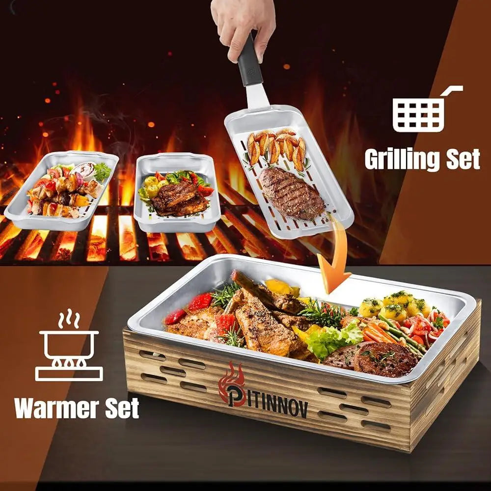 3pcs Stainless Steel Grill Basket Set with BBQ Prep Tray and Wooden Warming Tray