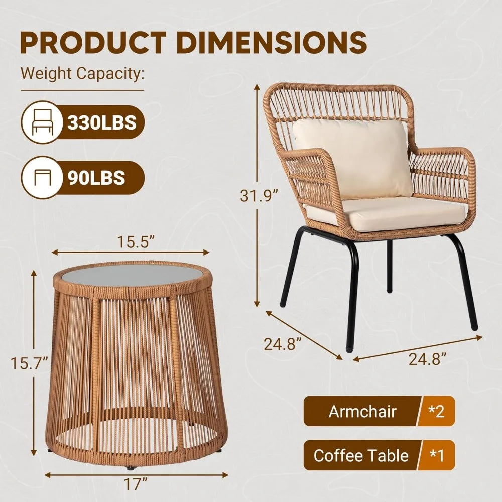 3 Piece Outdoor Wicker Bistro Set w/2 Large Rattan Chairs and Tempered Glass Top Table