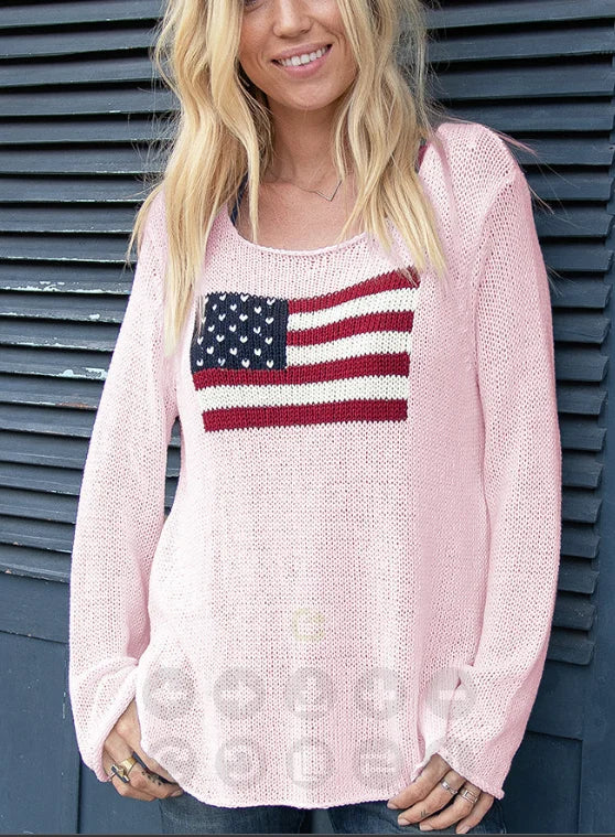 Women's Long Sleeve Knit Sweater, Crewneck, Flag Print, Loose Fitting Knitwear