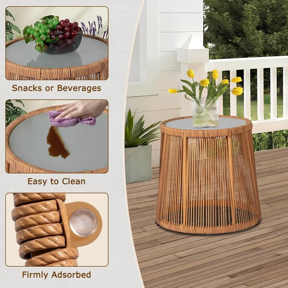3 Piece Outdoor Wicker Bistro Set w/2 Large Rattan Chairs and Tempered Glass Top Table