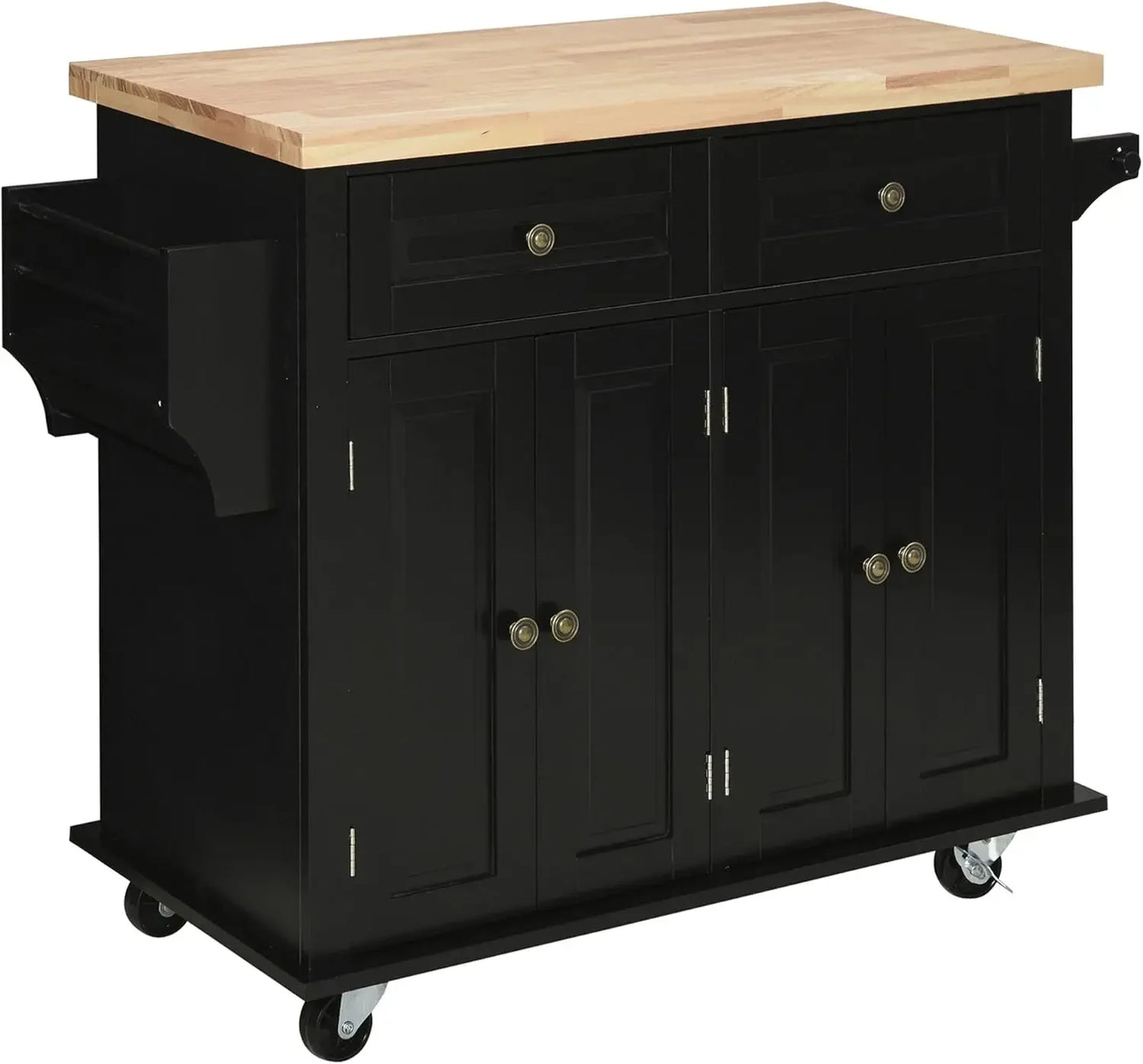 Rolling Kitchen Island with Rubberwood Top, Spice Rack, Towel Rack and Drawers for Dining Room