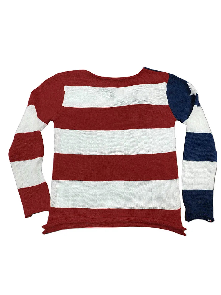 Women's 4th of July Knit Top, Flag Star Stripe Print, Long Sleeve V-Neck Slit Hem