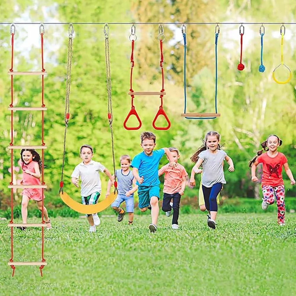 Warrior Obstacle Course For Kids And Adults - 65 FT Slackline With Tree Climbing Rock Holds, Swing Seat, Monkey Bars, Ring Wheel,