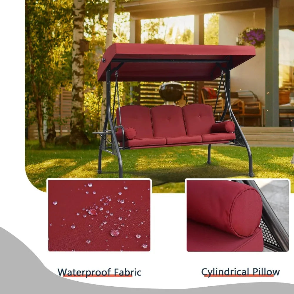 3-Seat Outdoor Patio Porch Swing with Adjustable and Removable Canopy, Waterproof Fabric, Cushion Pillow And Foldable Side Tray