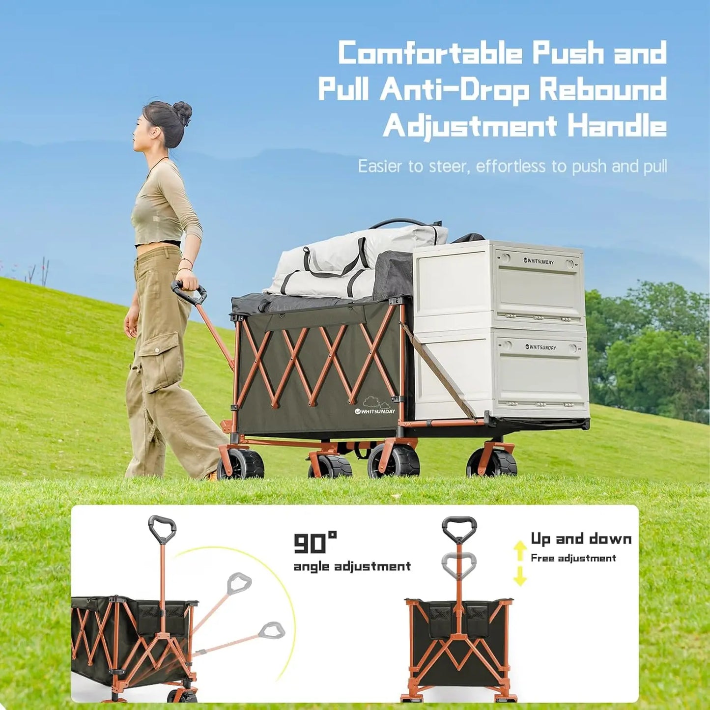 Collapsible Folding Wagon with Table, Heavy Duty Utility Beach Wagons with Opened Tailgate and All Terrain Wheels
