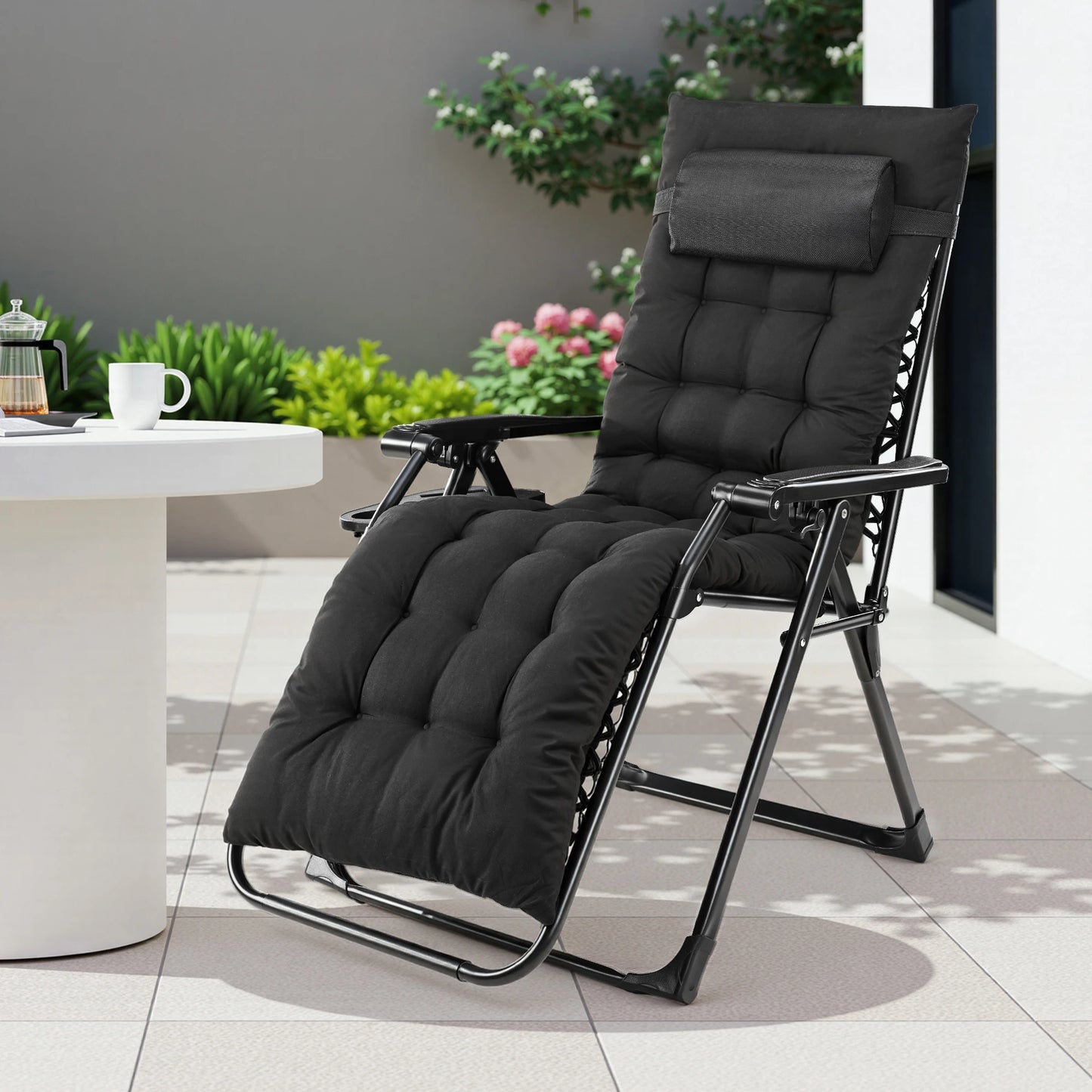 Zero Gravity Recliner for Camping, Patio or Poolside, Folding, Portable, with Cup Holder Trays and Removable Cushion