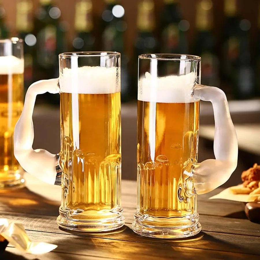 1 Heavy 20oz Glass Beer Mugs with Unique Funny Shaped Handle, Safe for Freezer