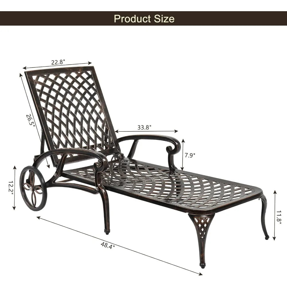 Cast Aluminum Outdoor Chaise Lounge Chair with Wheels, 3-Position Adjustable Backrest