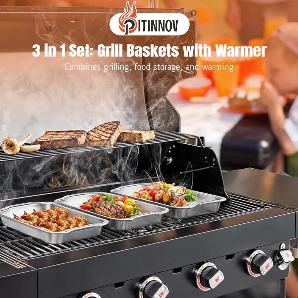 3pcs Stainless Steel Grill Basket Set with BBQ Prep Tray and Wooden Warming Tray
