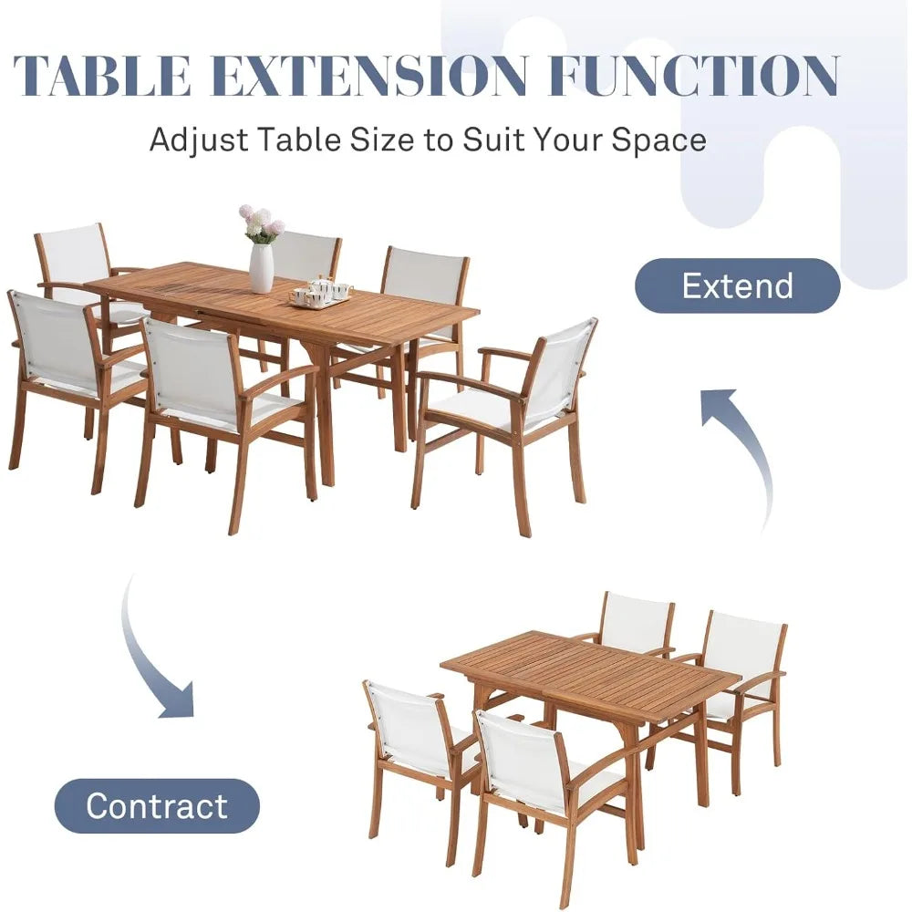 Acacia Wood Patio Dining Set for 6-8, Outdoor Expandable Table and Chairs Set. ***Umbrella and Base Not Included***