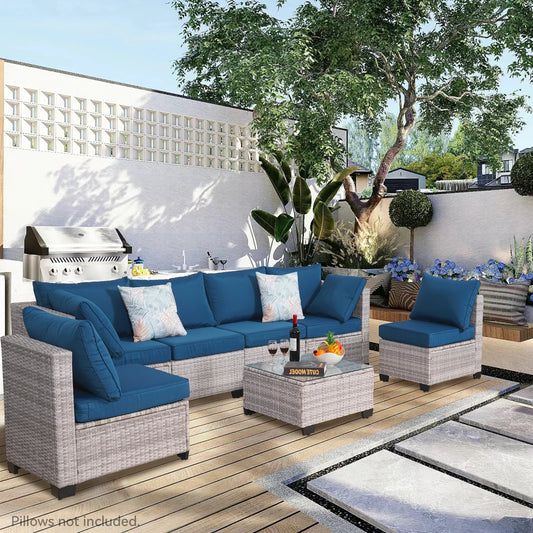 Outdoor Patio Furniture, 7 Piece Sectional Sofa, PE Rattan & Wicker with Thick Cushions