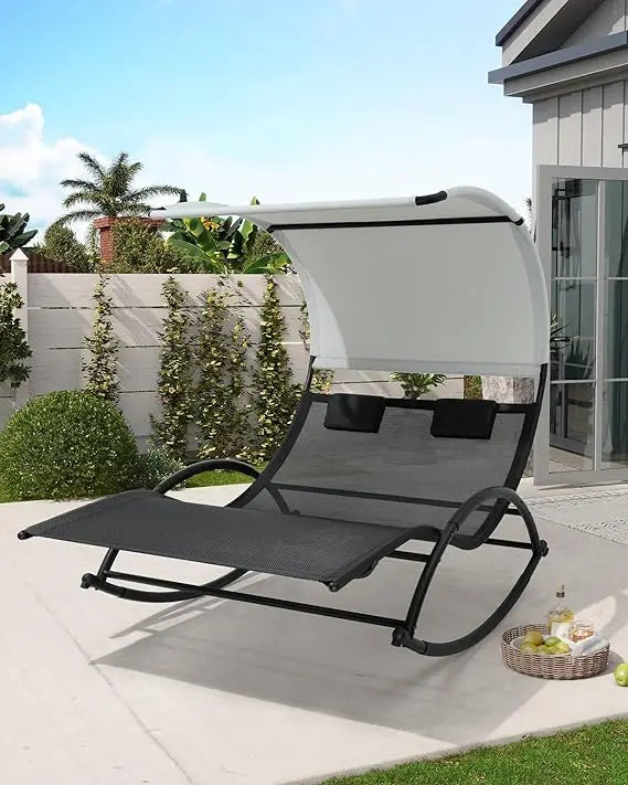 Outdoor Double Rocking  Chaise Lounge Chair with Sun Shade & Wheels