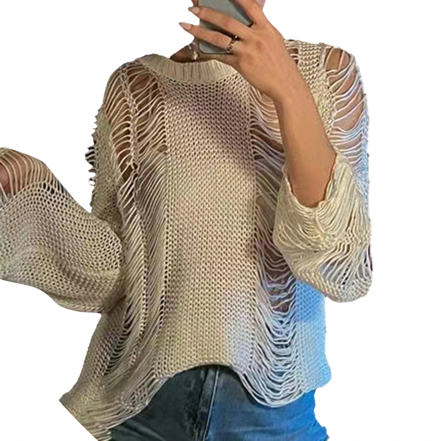 Women's Knit Top, Solid Color, Long Sleeve, O Neck, Hollow Out Knitwear