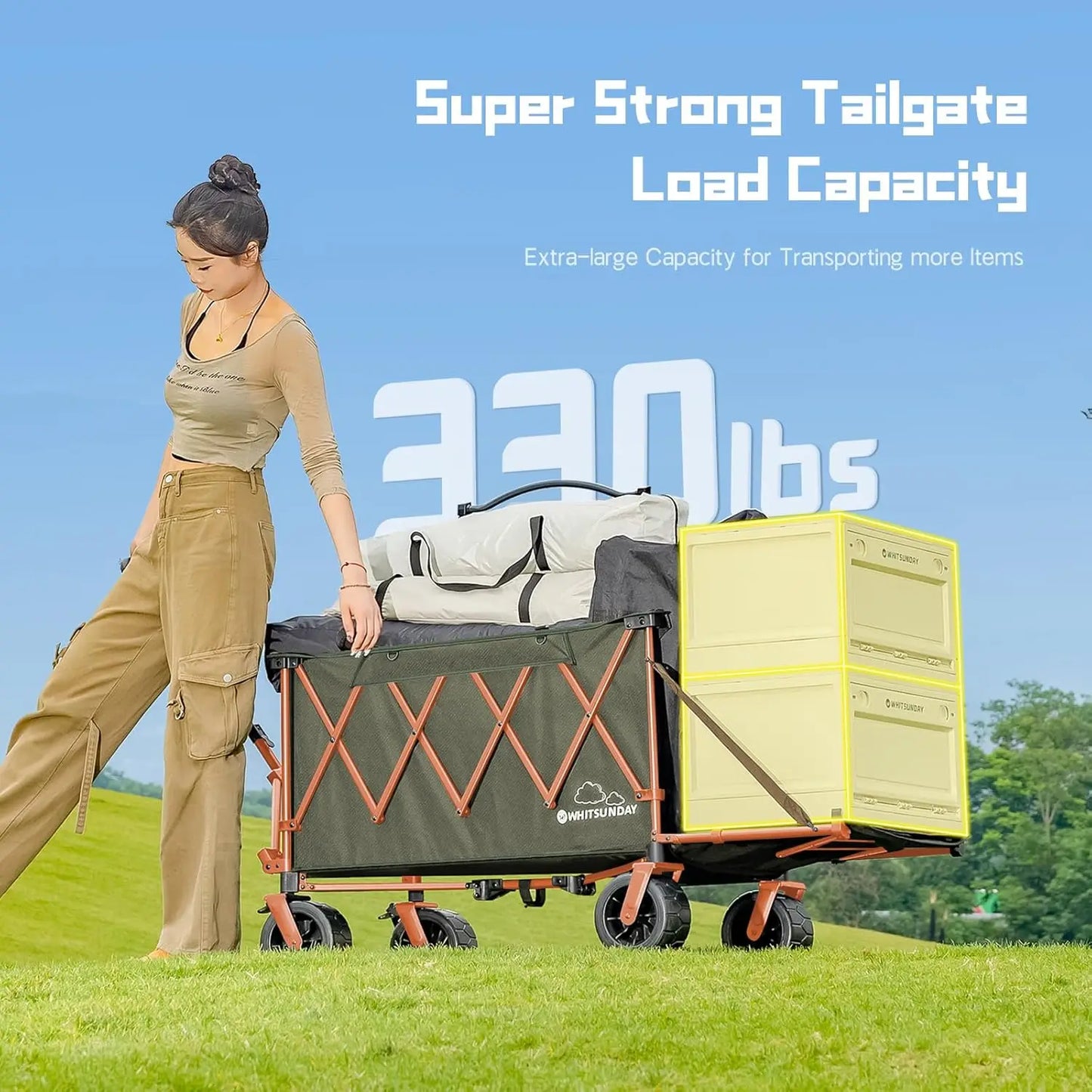 Collapsible Folding Wagon with Table, Heavy Duty Utility Beach Wagons with Opened Tailgate and All Terrain Wheels