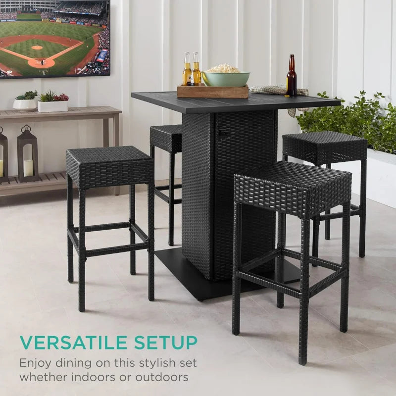 5-Piece Outdoor Wicker Bar Table Set for Patio, Poolside, Backyard w/Built-in Bottle Opener,  Metal Tabletop, 4 Stools - Black