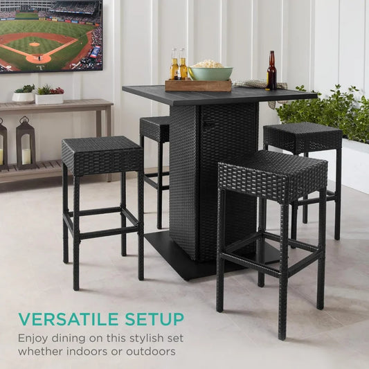5-Piece Outdoor Wicker Bar Table Set for Patio, Poolside, Backyard w/Built-in Bottle Opener,  Metal Tabletop, 4 Stools - Black