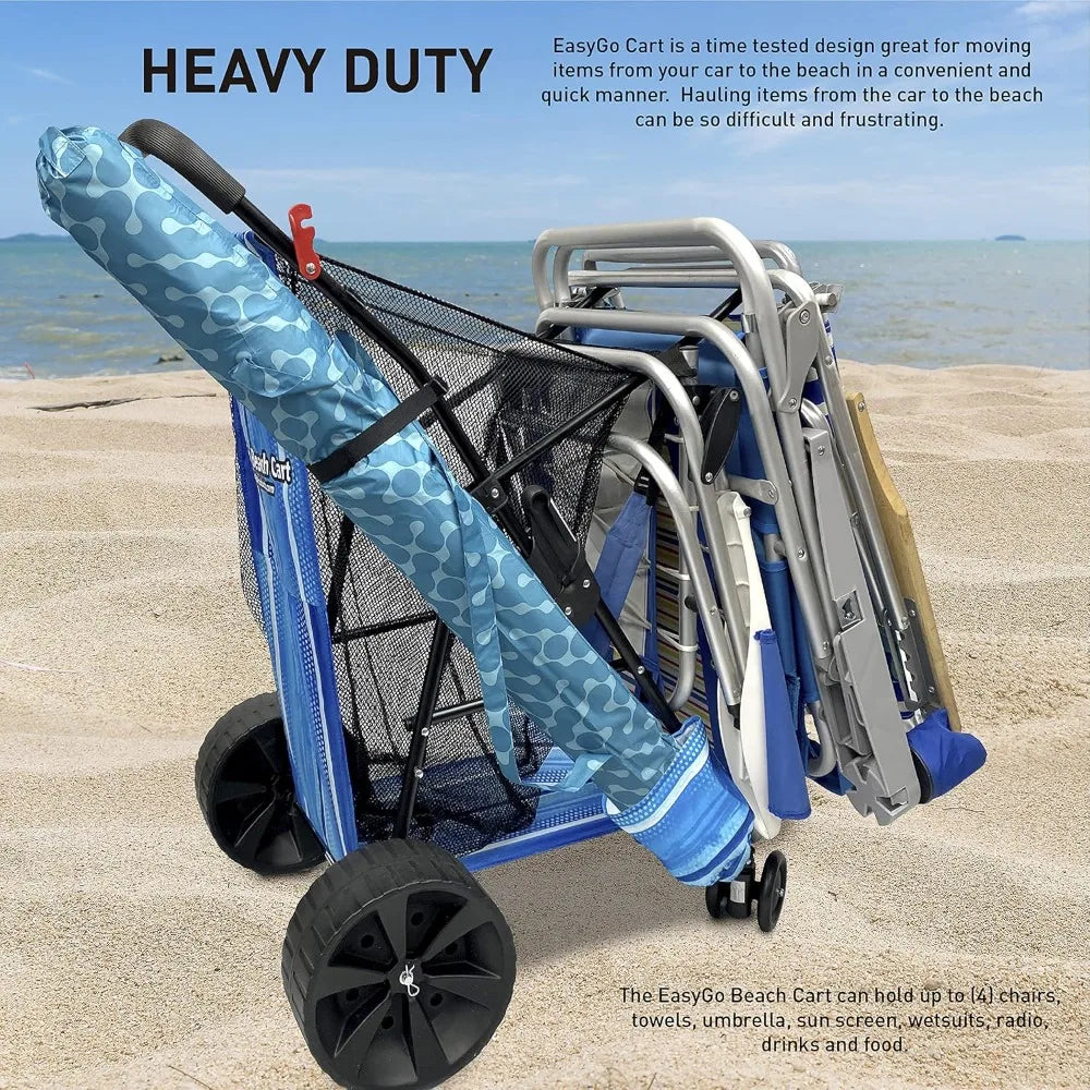 Deluxe Heavy Duty Folding Beach/Utility Cart, Large Sand Wheels Holds 4 Folding Chairs, Umbrella Holder and Removable Storage Bag