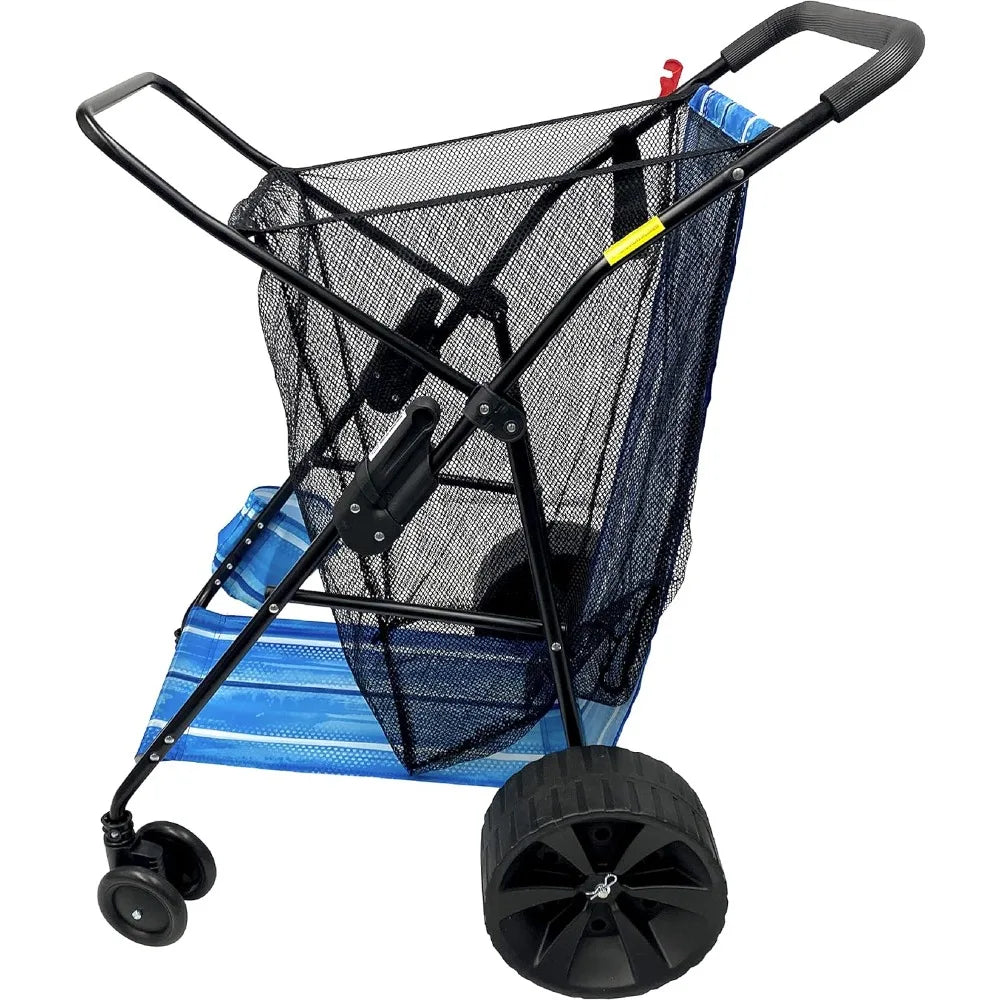 Deluxe Heavy Duty Folding Beach/Utility Cart, Large Sand Wheels Holds 4 Folding Chairs, Umbrella Holder and Removable Storage Bag