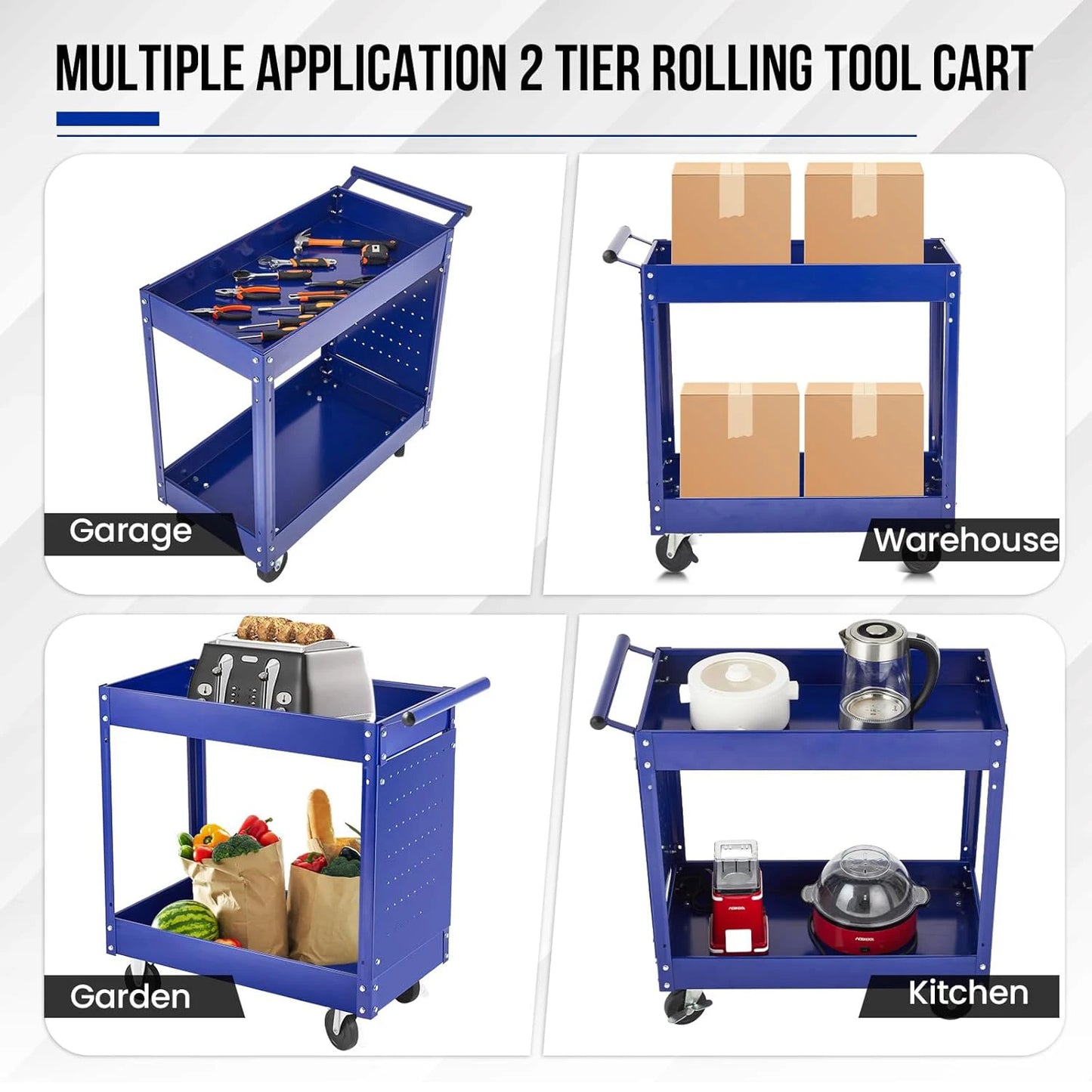 2 Tier Heavy Duty Metal Rolling Tool Cart, 330 Lbs Capacity