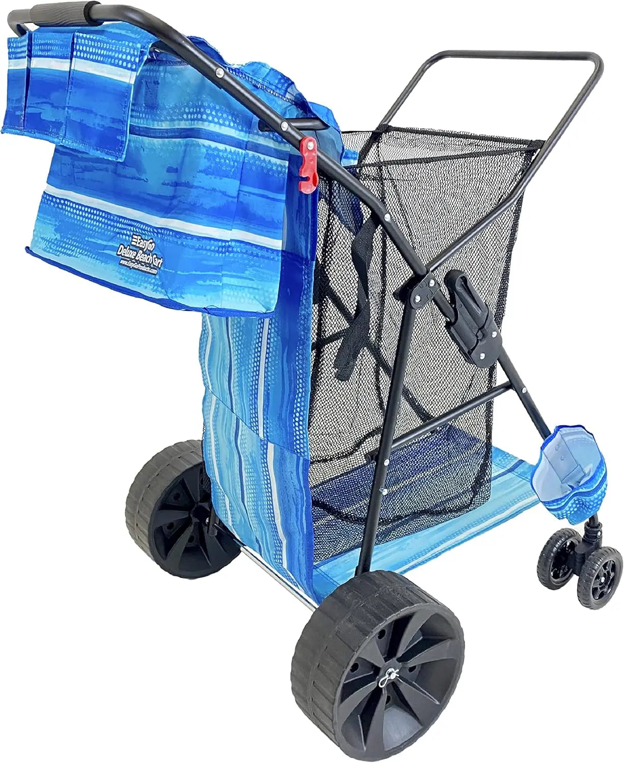 Deluxe Heavy Duty Folding Beach/Utility Cart, Large Sand Wheels Holds 4 Folding Chairs, Umbrella Holder and Removable Storage Bag