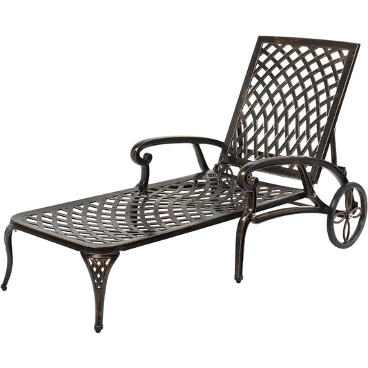 Cast Aluminum Outdoor Chaise Lounge Chair with Wheels, 3-Position Adjustable Backrest