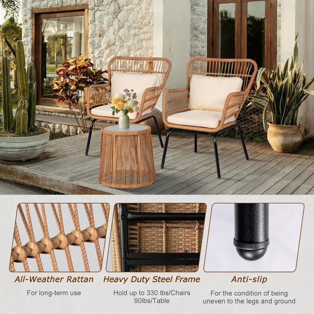 3 Piece Outdoor Wicker Bistro Set w/2 Large Rattan Chairs and Tempered Glass Top Table