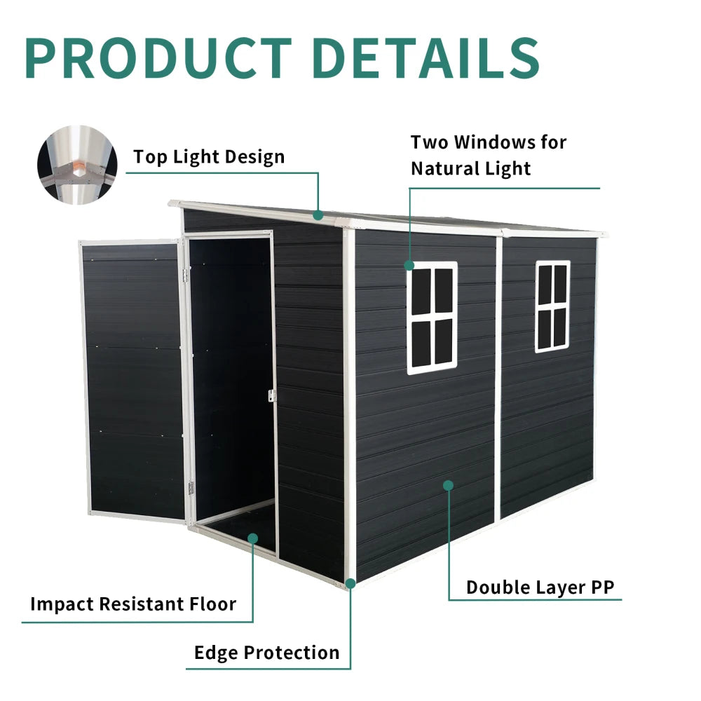 8 x 4ft Outdoor Resin Garden Shed with Floor and 2 Windows, with Lockable Door