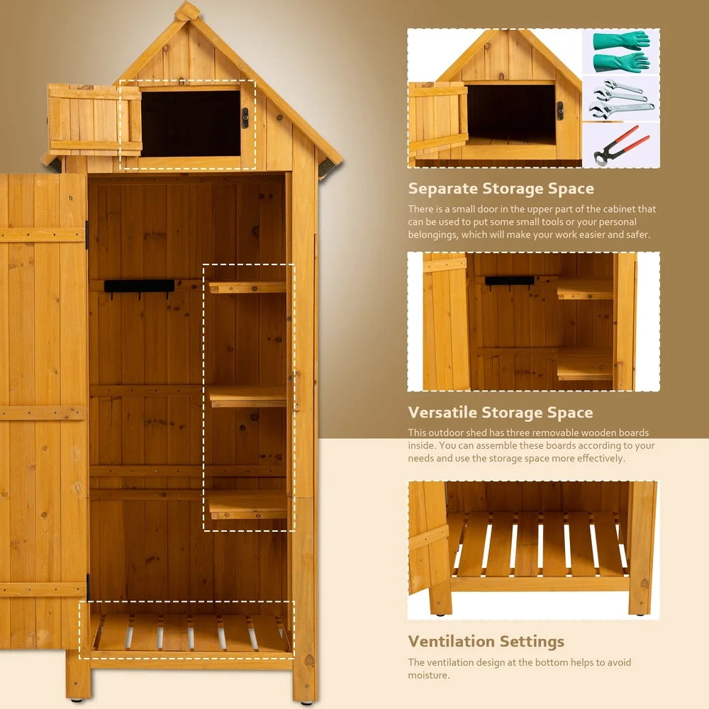 Outdoor Solid Wood Storage Shed with 3 Shelves, Waterproof