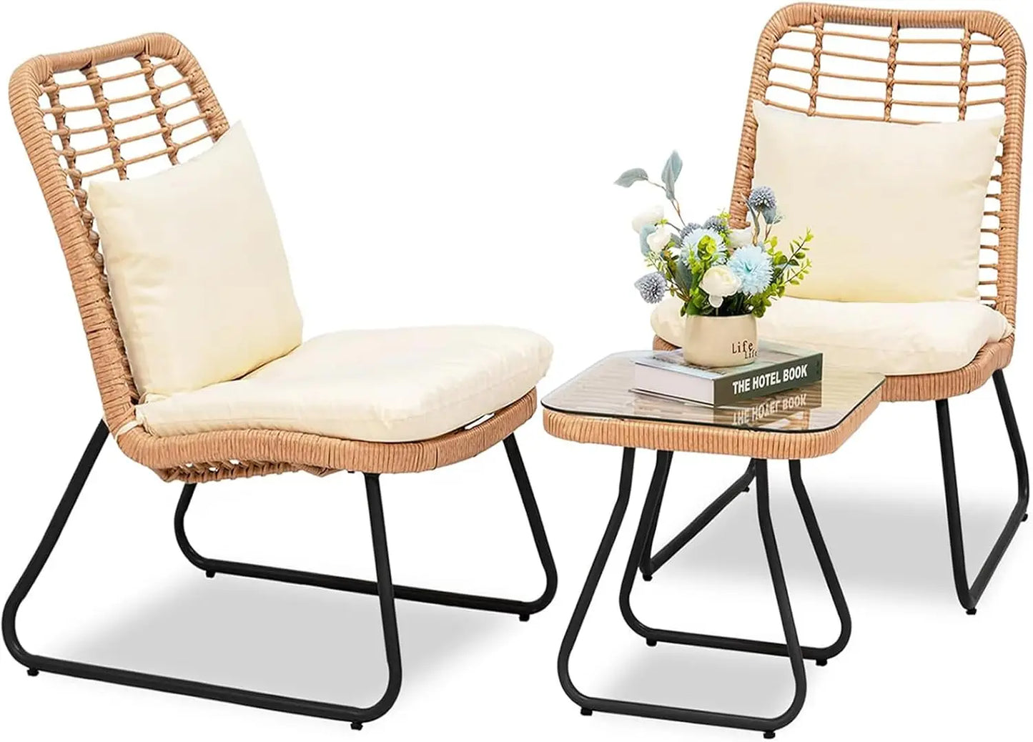 3 Piece Outdoor Wicker Bistro Set w/2 Large Rattan Chairs and Tempered Glass Top Table