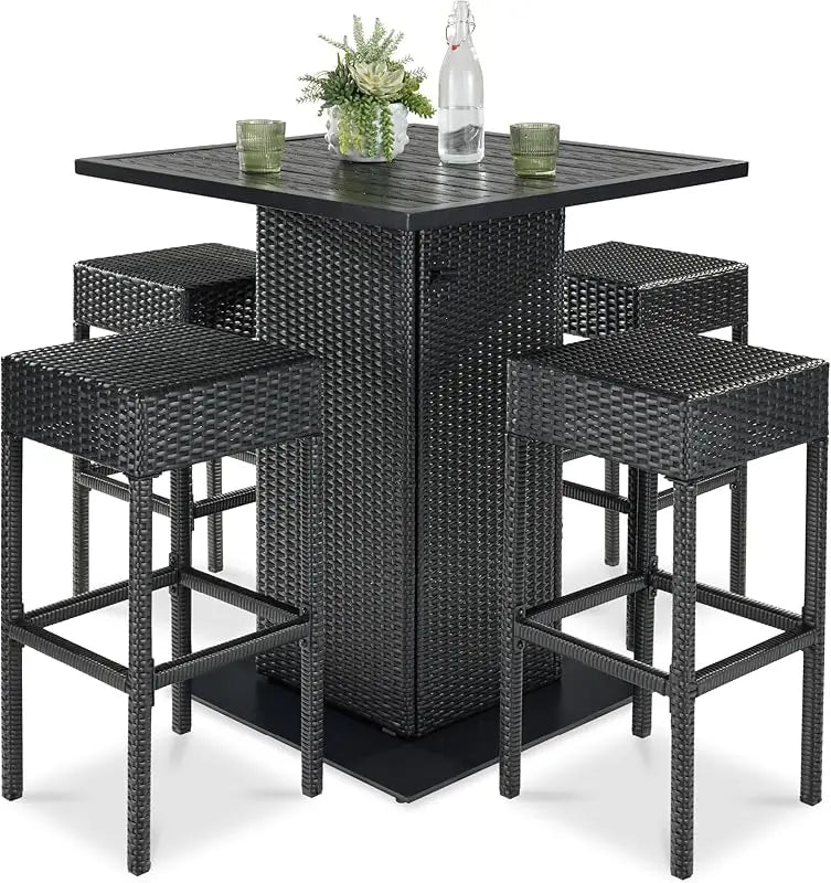 5-Piece Outdoor Wicker Bar Table Set for Patio, Poolside, Backyard w/Built-in Bottle Opener,  Metal Tabletop, 4 Stools - Black