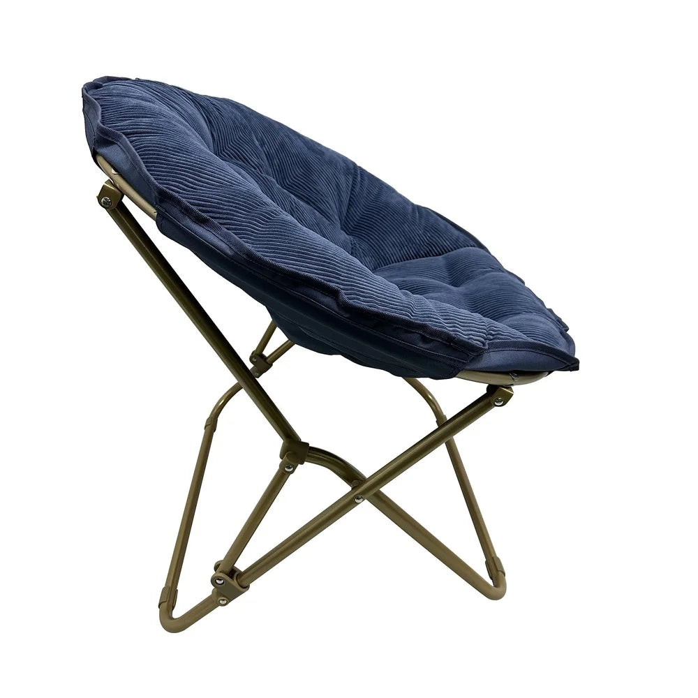 Foldable and Portable Corduroy Saucer Chair with Channel-Tufted Backrest and Durable Steel Frame