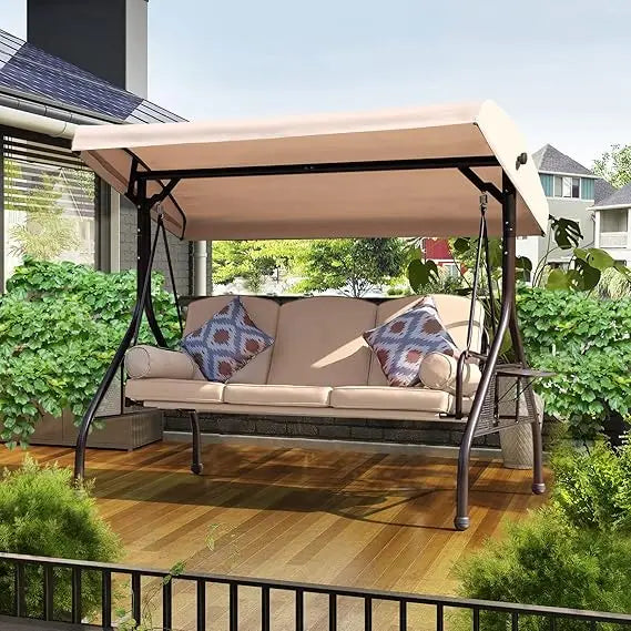3-Seat Outdoor Patio Porch Swing with Adjustable and Removable Canopy, Waterproof Fabric, Cushion Pillow And Foldable Side Tray