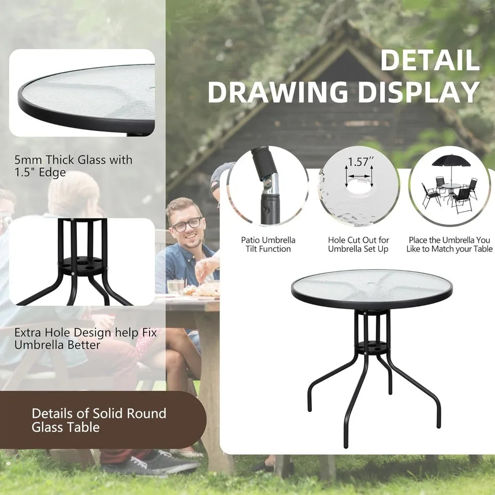6 Piece Patio Dining Set, Small Metal Outdoor Garden Patio Table and Chair Set w/Umbrella