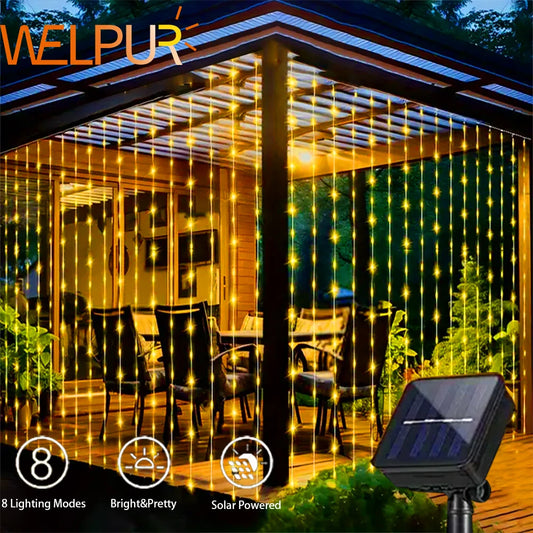 300 LED's Solar Curtain Light, Outdoor Fairy Garland String Lights, 8 Modes