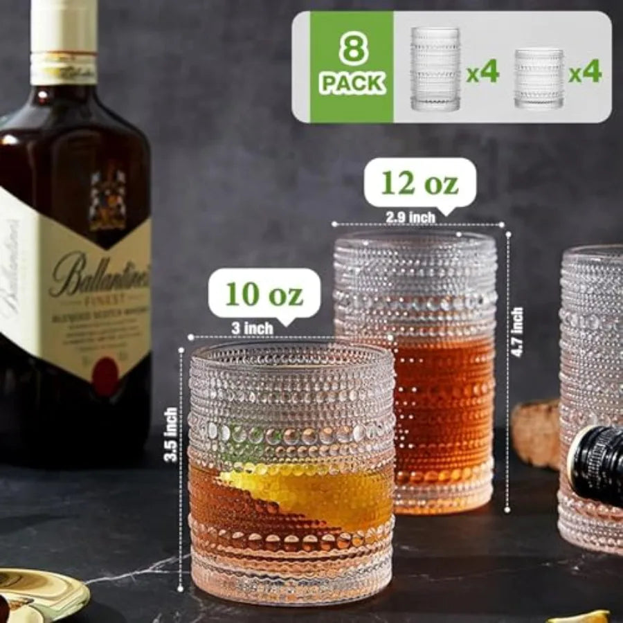 Set of 8 Hobnail Drinking Glasses - 4 Vintage 12 oz Highball, and 4 10 oz Cocktail Glasses for Kitchen, Bar, Beer,  Juice, Cocktails