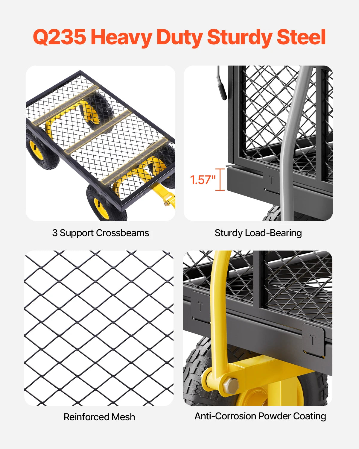 Steel Garden Cart, pullable with all terrain tires, mesh removable sides and rotating handle, 500 lb or 1400 lb capacity