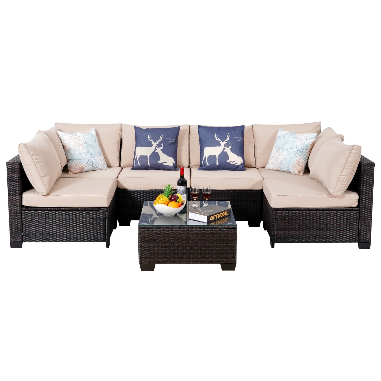 Outdoor Patio Furniture, 7 Piece Sectional Sofa, PE Rattan & Wicker with Thick Cushions