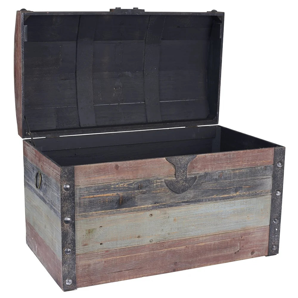 Large Weathered Wooden Storage Trunk, Nautical Style, Vintage Trunk with Hinged Lid