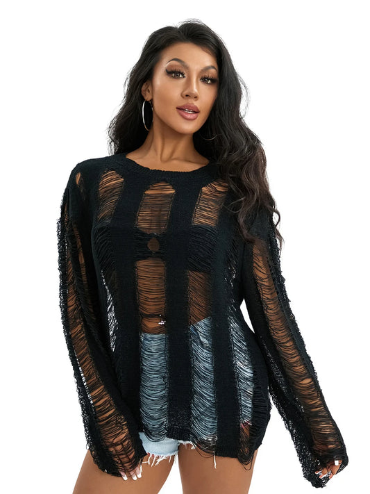 Women's Knit Top, Solid Color, Long Sleeve, O Neck, Hollow Out Knitwear