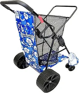 Deluxe Heavy Duty Folding Beach/Utility Cart, Large Sand Wheels Holds 4 Folding Chairs, Umbrella Holder and Removable Storage Bag